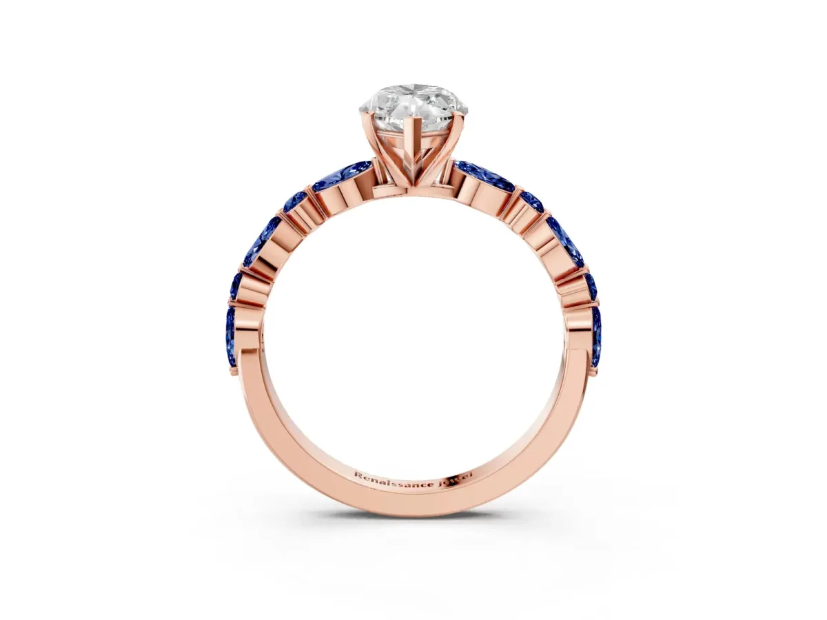 Marquise Cut Diamond Ring with Marquise and Round Blue Sapphire Side Stones and Four-Prong Setting Rose gold