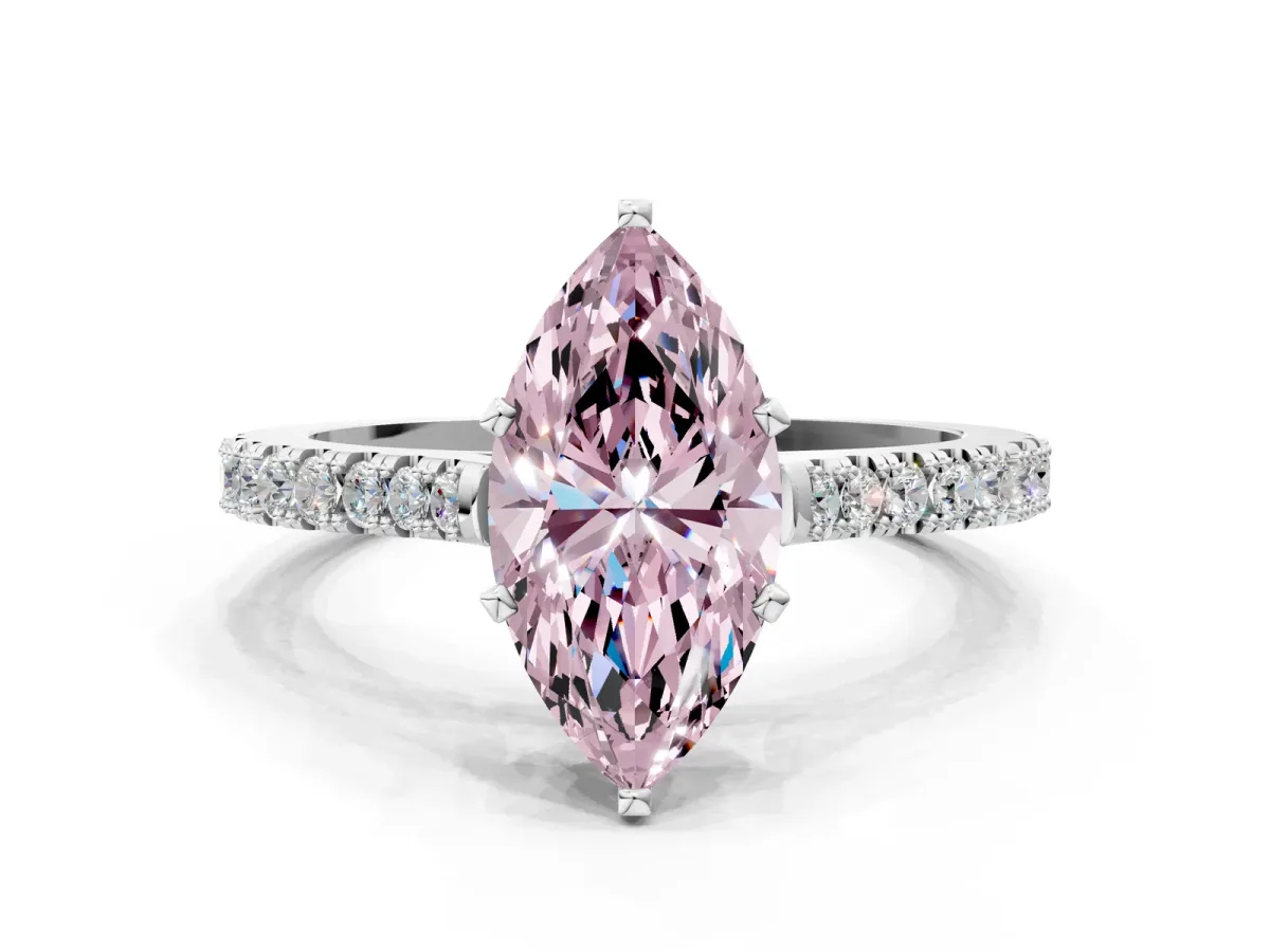 Fancy Pink Marquise Cut Cut Solitaire Diamond Engagement Ring with Pave Band and Four-Prong Setting White gold