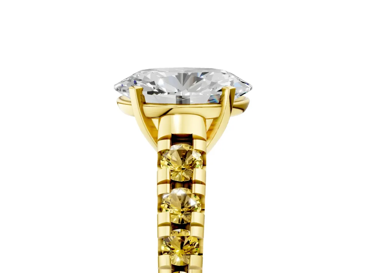 Oval Cut Diamond Cathedral Solitaire Ring with Round Yellow Sapphire Pavé Band Yellow gold