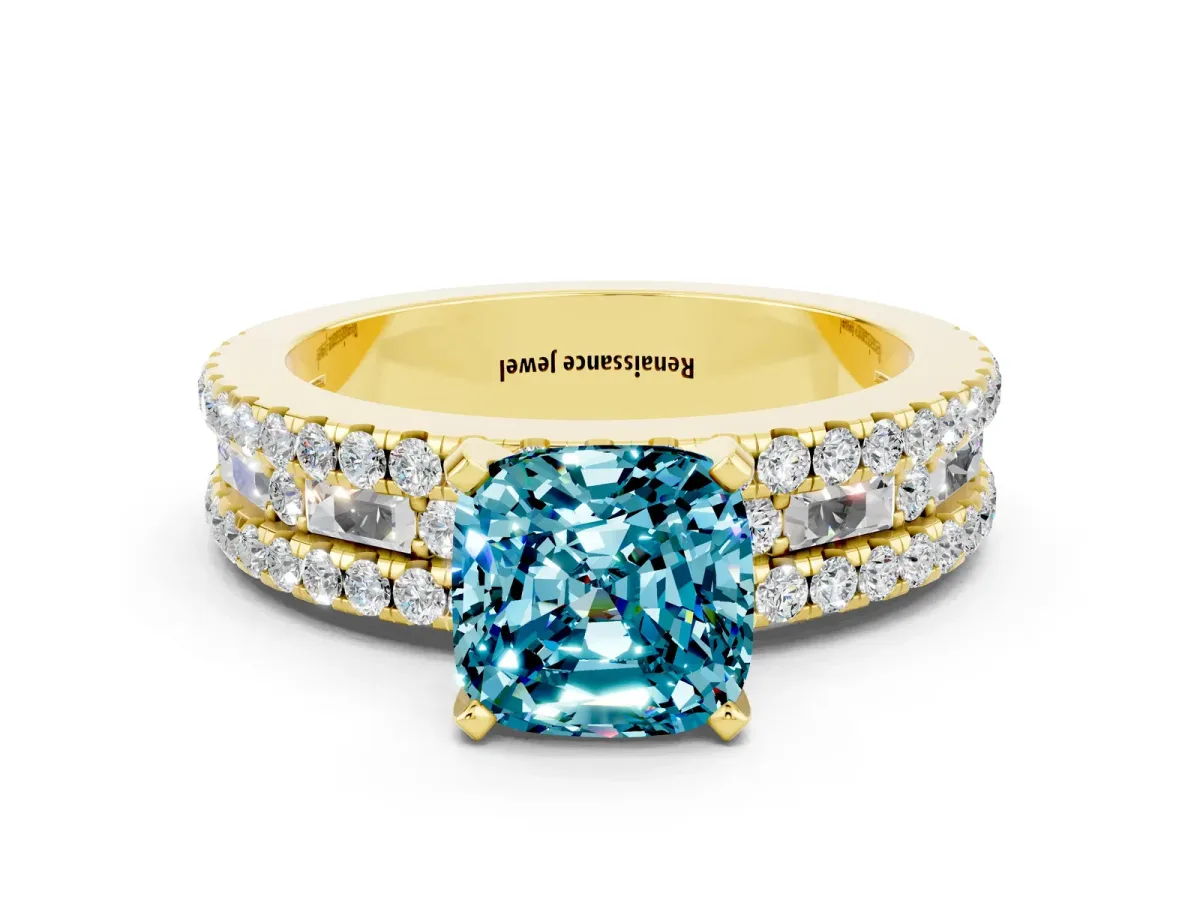 Cushion Cut Blue Topaz Solitaire Ring with Pavé and Channel Set Band Yellow gold