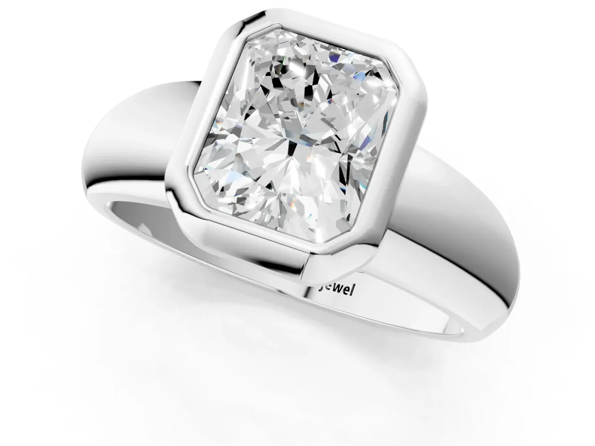 Bezel Set Radiant Cut Solitaire Ring with Wide Band Platinum