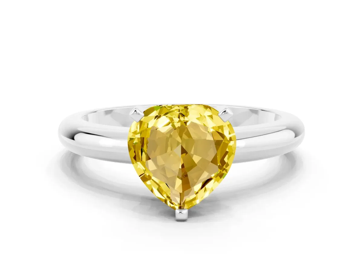 Heart Cut Yellow Sapphire Solitaire Engagement Ring with Round Band and Four-Prong Setting White gold