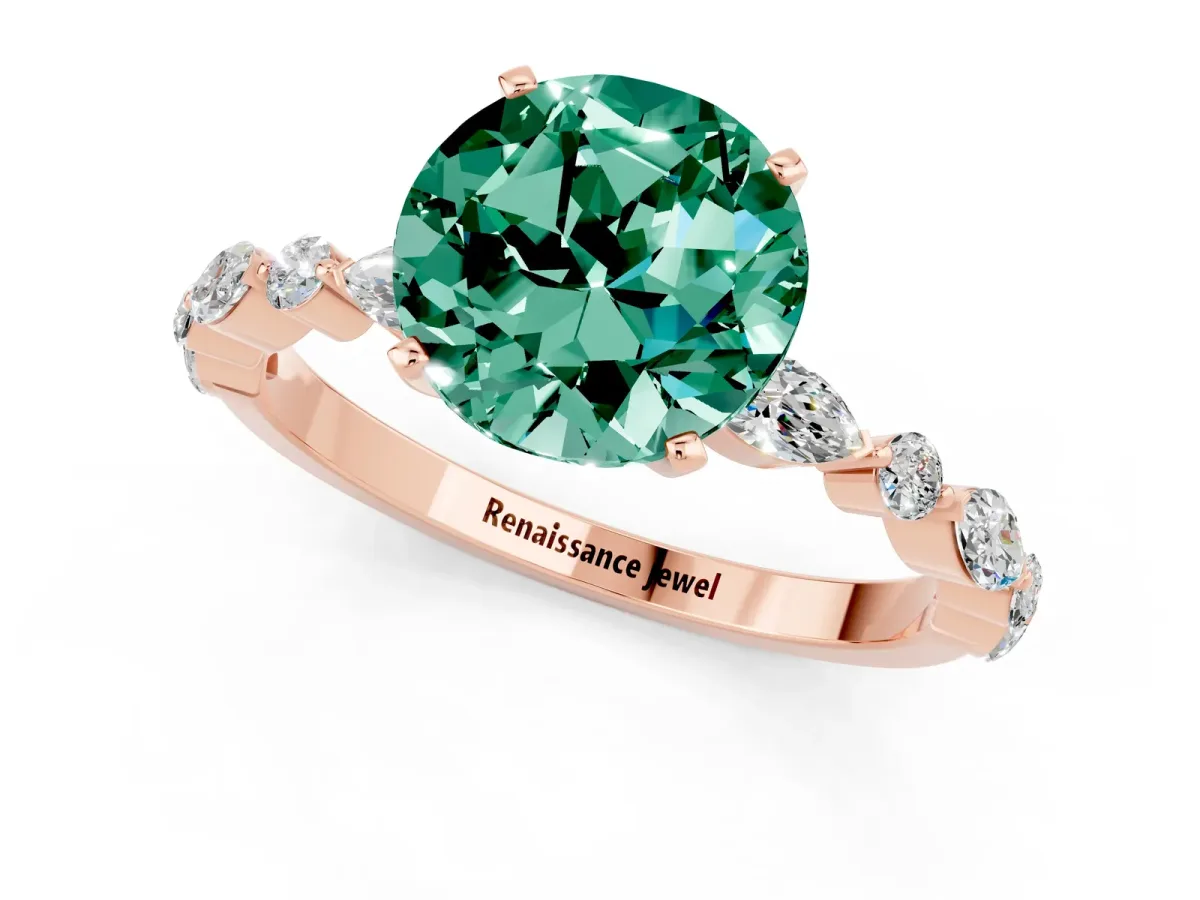 Round Cut Green Sapphire Ring with Marquise and Round Side Stones and Four-Prong Setting Rose gold