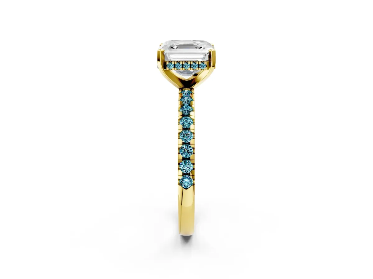 Asscher Cut Diamond Solitaire Ring with Round Blue Topaz Pavé Band and Four-Prong Setting Yellow gold