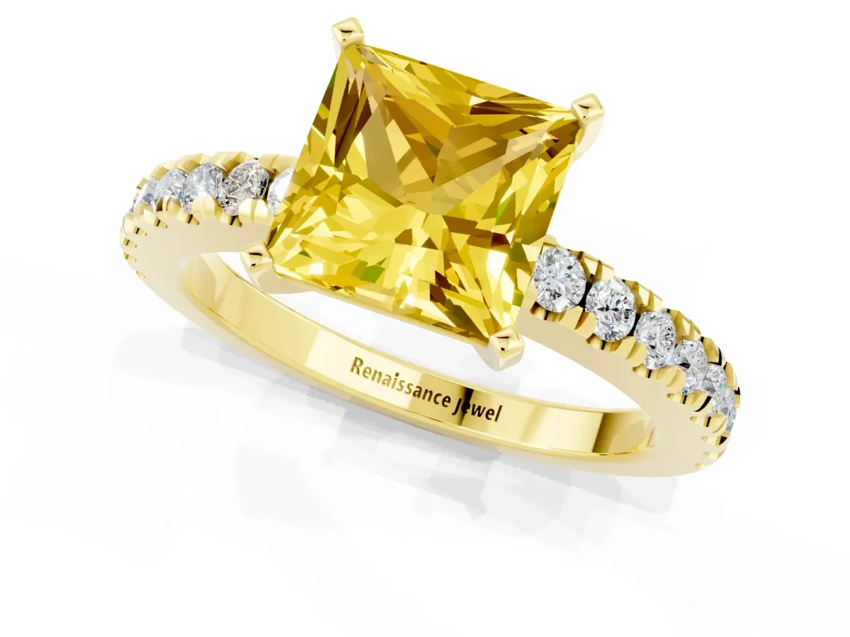 Princess Cut Solitaire Yellow Sapphire with Pavé Band and Four-Prong Setting Yellow gold