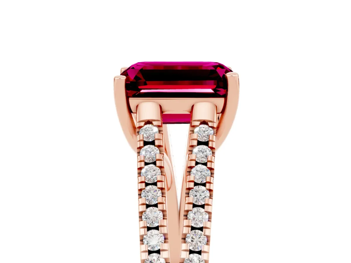 Emerald Cut Garnet Solitaire Engagement Ring with Split Shank Pavé Band Rose gold