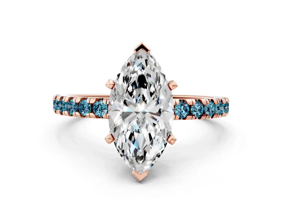 Marquise Cut Diamond Solitaire Ring with Round Blue Topaz Pavé Band and Four-Prong Setting Rose gold