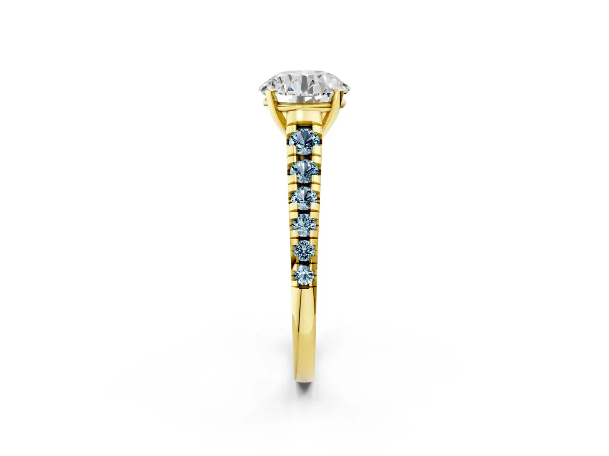 Round Cut Diamond Cathedral Solitaire Ring with Round Aquamarine Pavé Band Yellow gold