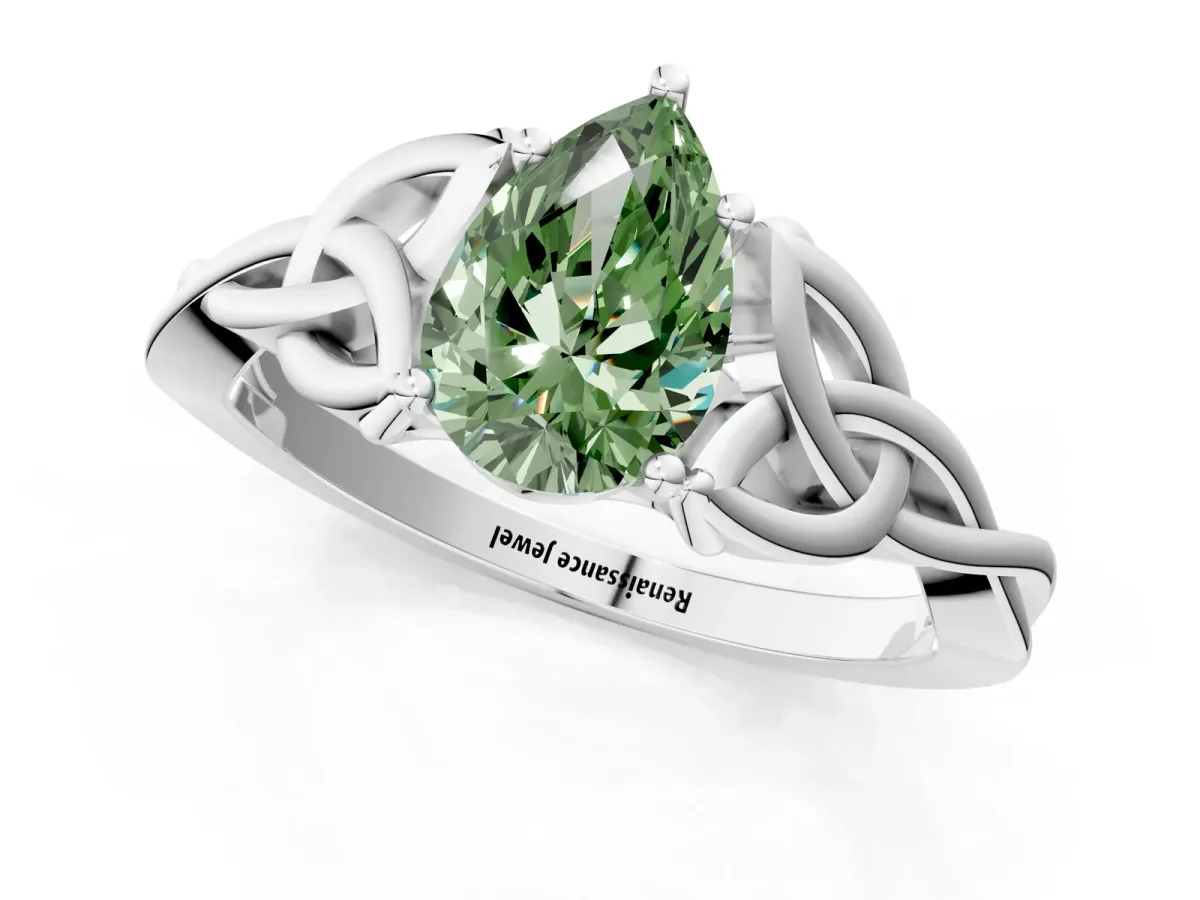 Fancy Green Pear Cut Diamond Solitaire Celtic Knot Ring with Four-Prong Setting White gold