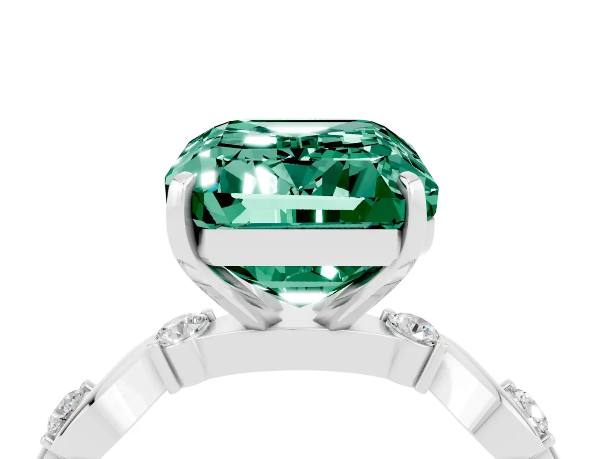 Emerald Cut Green Sapphire Solitaire Twisted Band with Round Accents and Prong Setting White gold