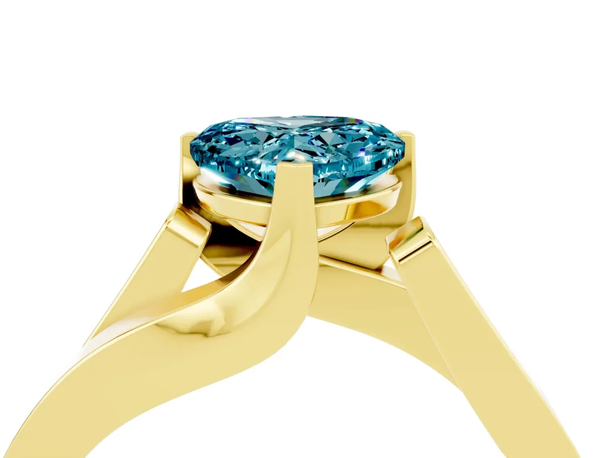 Modern Tension Set Heart Cut Blue Topaz Solitaire Wide Band Ring Yellow gold