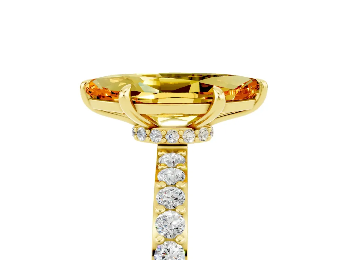 Marquise Cut Citrine Solitaire Engagement Ring with Pavé Band and Four-Prong Setting Yellow gold
