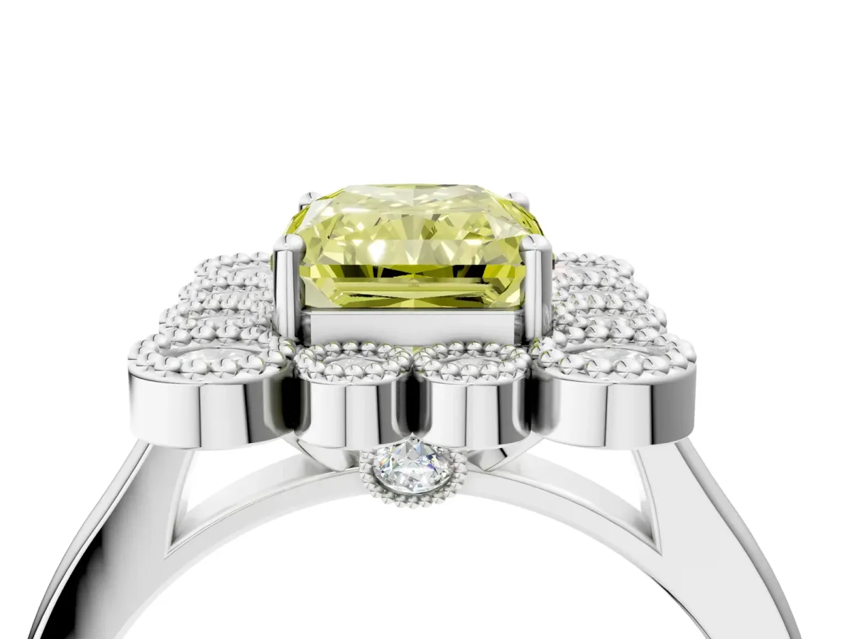 Fancy Yellow Radiant Cut Halo Diamond Cluster Engagement Ring with Milgrain Bezel Setting and Solitaire Band Platinum