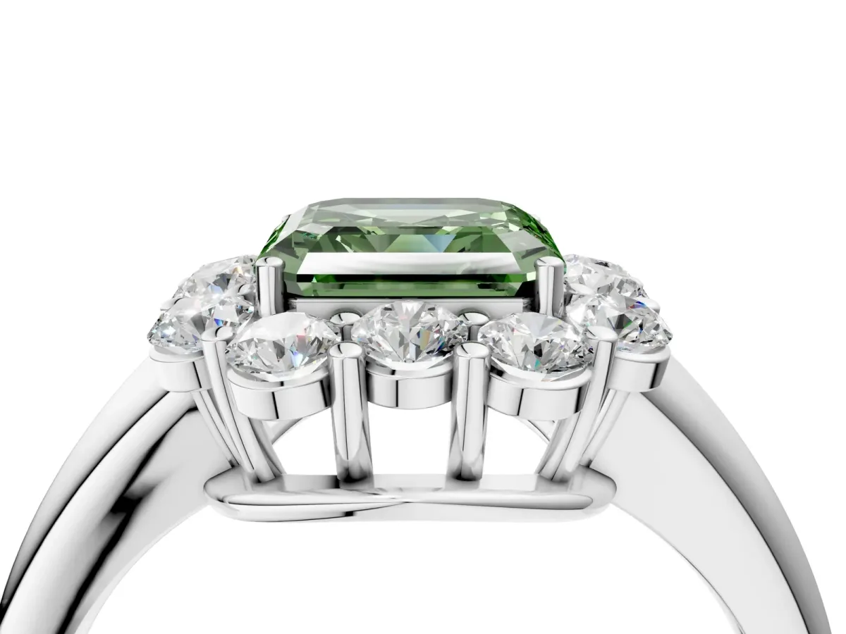 Fancy Green Asscher Cut Halo Milgrain Solitaire with Bezel Set Side Stones and Pave Band Platinum