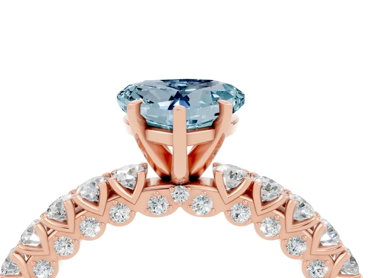 Heart Cut Aquamarine Solitaire Ring with Round Accent Pavé Band and Prong Setting Rose gold