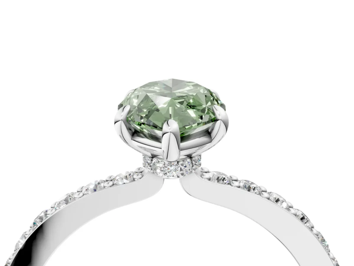 Fancy Green Marquise Cut Diamond Solitaire Engagement Ring with Pavé Band and Four-Prong Setting White gold