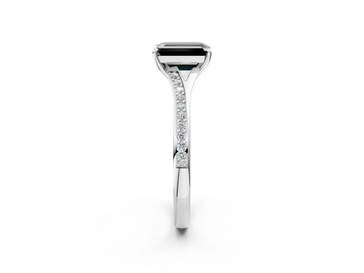 Fancy Black Emerald Cut Diamond Solitaire Ring with Pavé Band and Prong Setting Silver