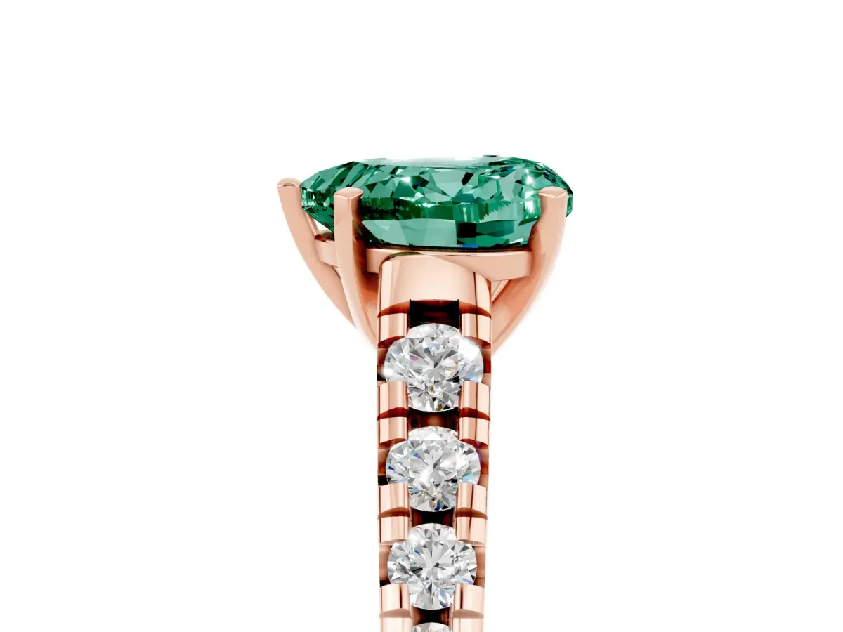 Heart Cut Green Sapphire Cathedral Solitaire Ring with Round Pavé Band Rose gold