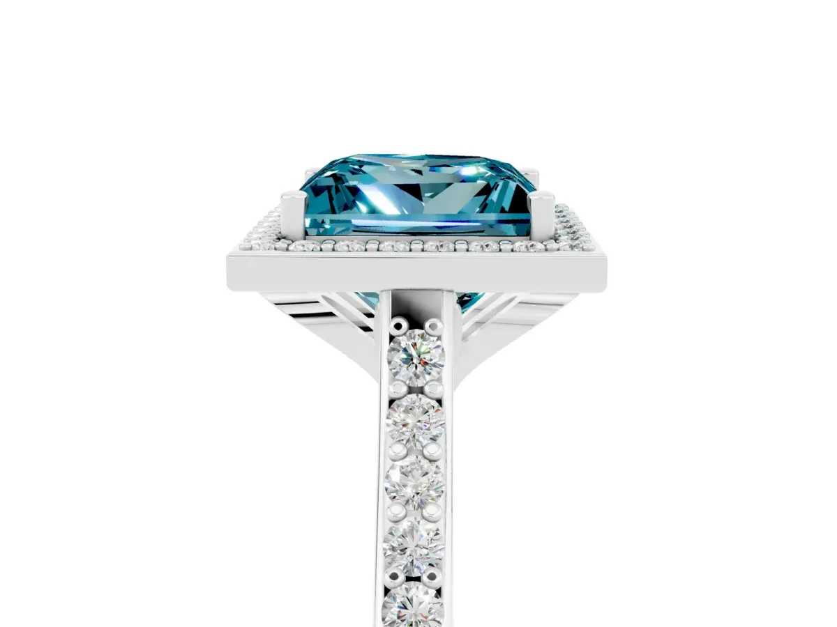 Princess Cut Blue Topaz Halo Engagement Ring with Round Pavé Shoulders and Prong Setting Silver