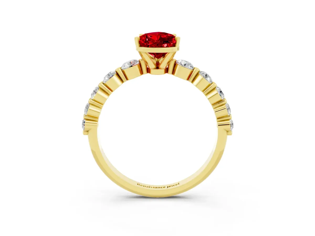 Pear Cut Solitaire Ruby Ring with Pave Band and Four-Prong Setting Yellow gold