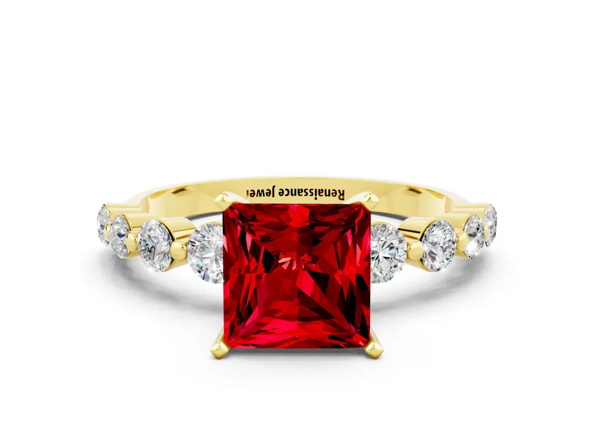 Princess Cut Solitaire Ruby Ring with Pave Band and Four-Prong Setting Yellow gold