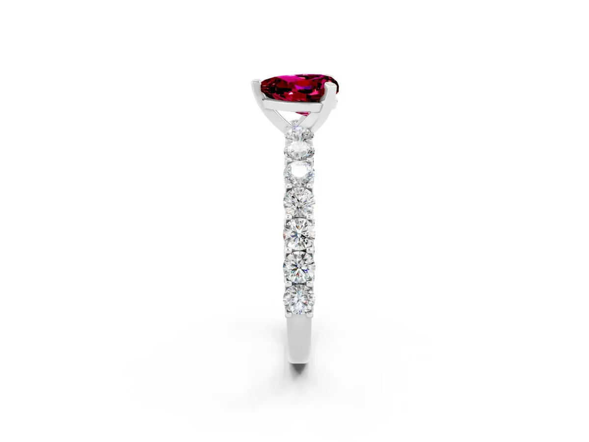 Heart Cut Garnet Solitaire Ring with Shared Prong Pavé Band and Four-Prong Setting Silver