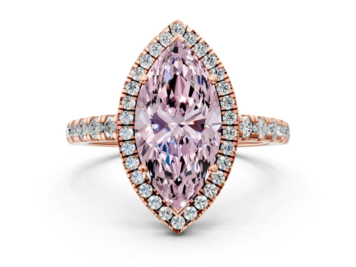 Fancy Pink Marquise Cut Diamond Halo Ring with Pavé Band and Four-Prong Setting Rose gold