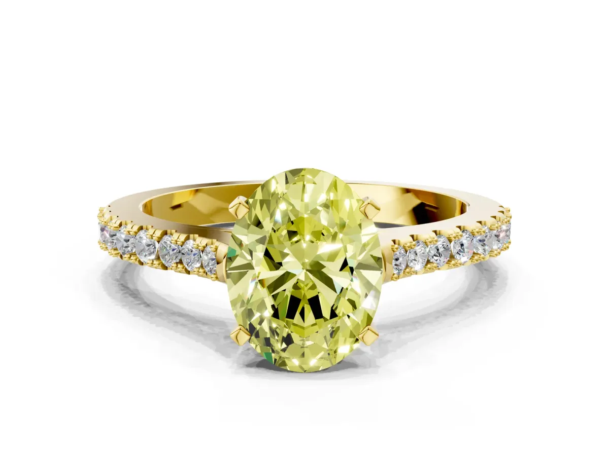 Fancy Yellow Oval Cut Cut Solitaire Diamond Engagement Ring with Pave Band and Four-Prong Setting Yellow gold