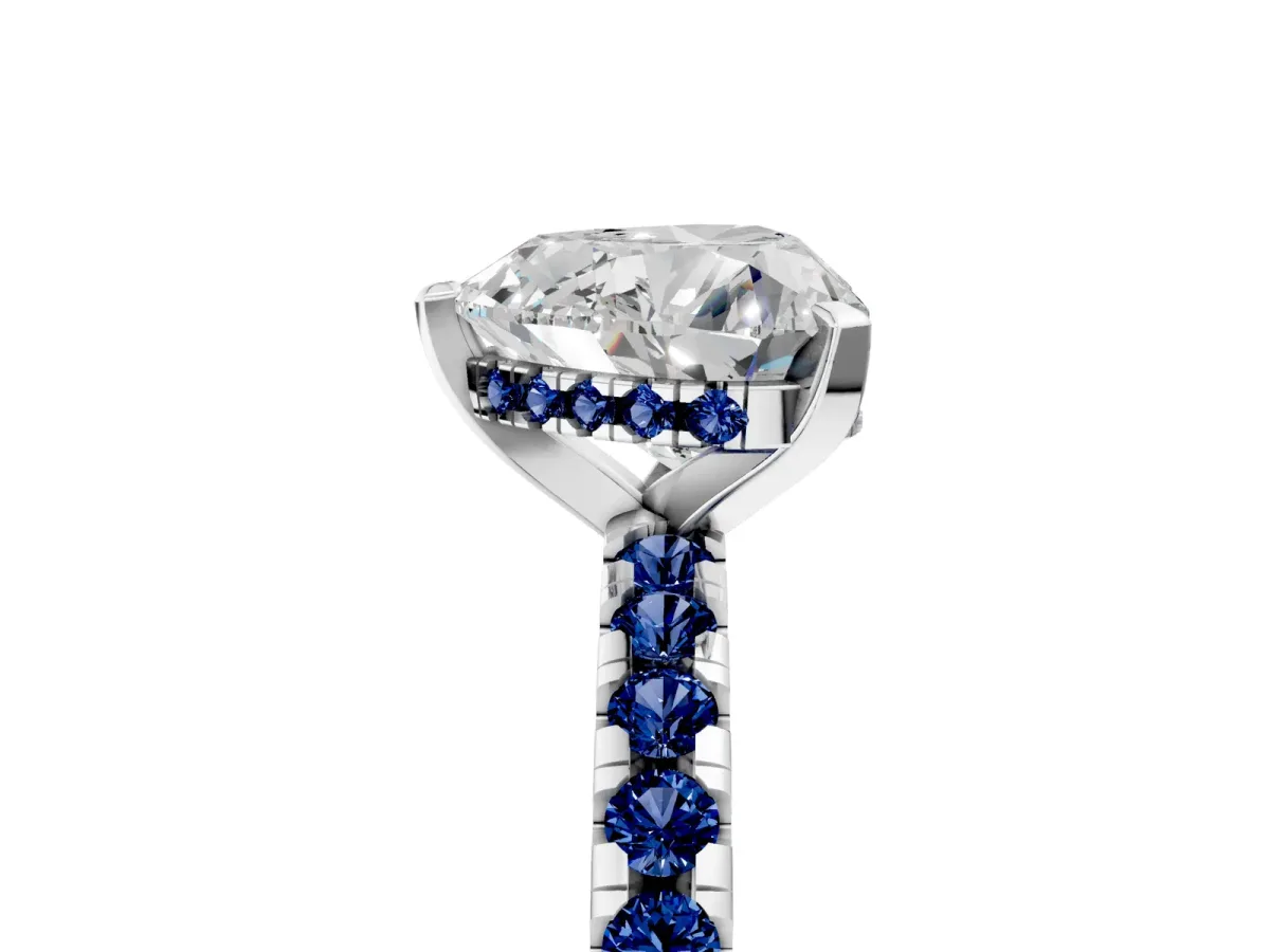 Heart Cut Diamond Solitaire Ring with Round Blue Sapphire Pavé Band and Four-Prong Setting White gold