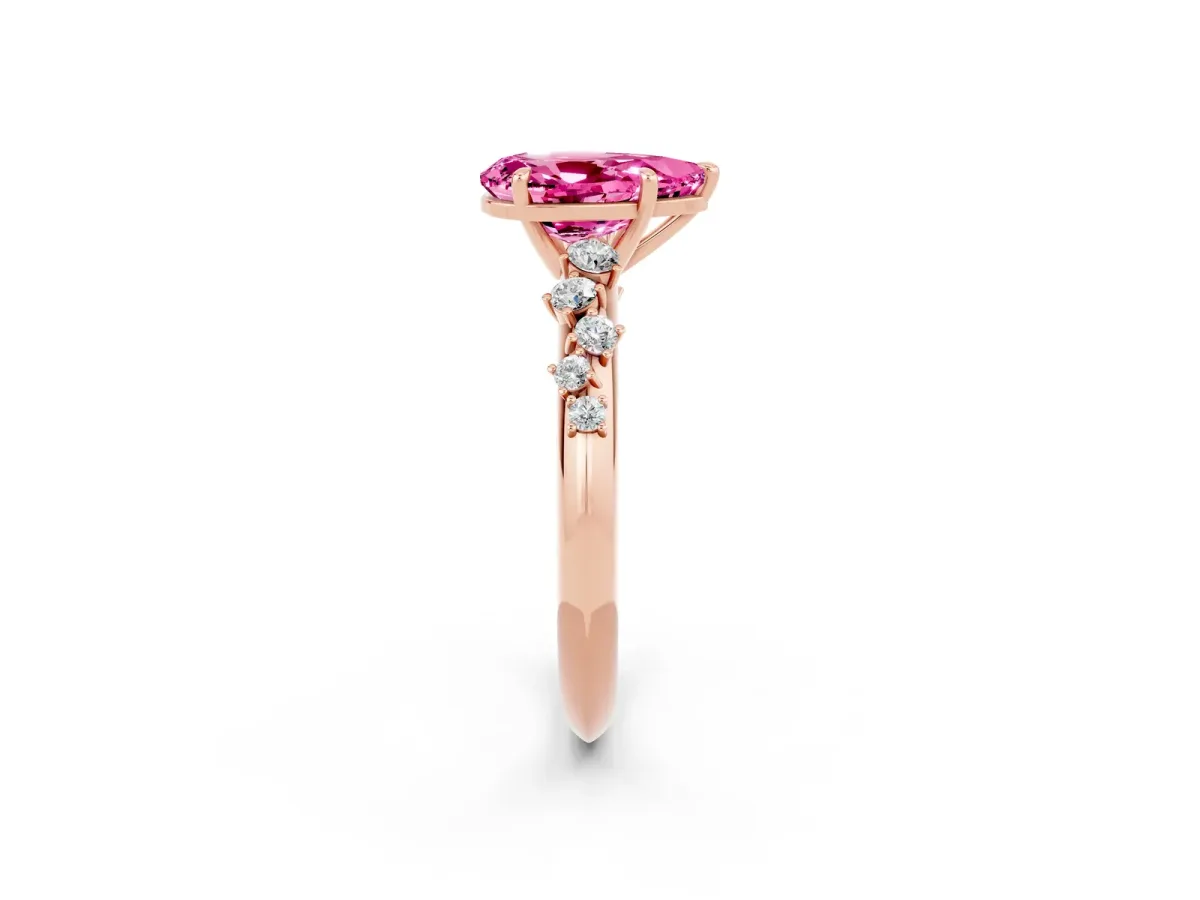 Pear Cut Pink Sapphire Cluster Side Stone Solitaire Ring with Prong Setting Rose gold