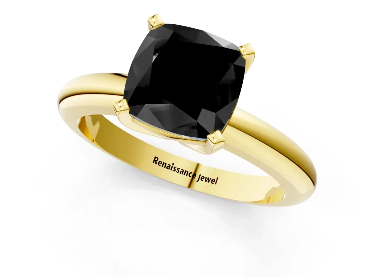Fancy Black Cushion Cut Diamond Solitaire Engagement Ring with Round Band and Four-Prong Setting Yellow gold