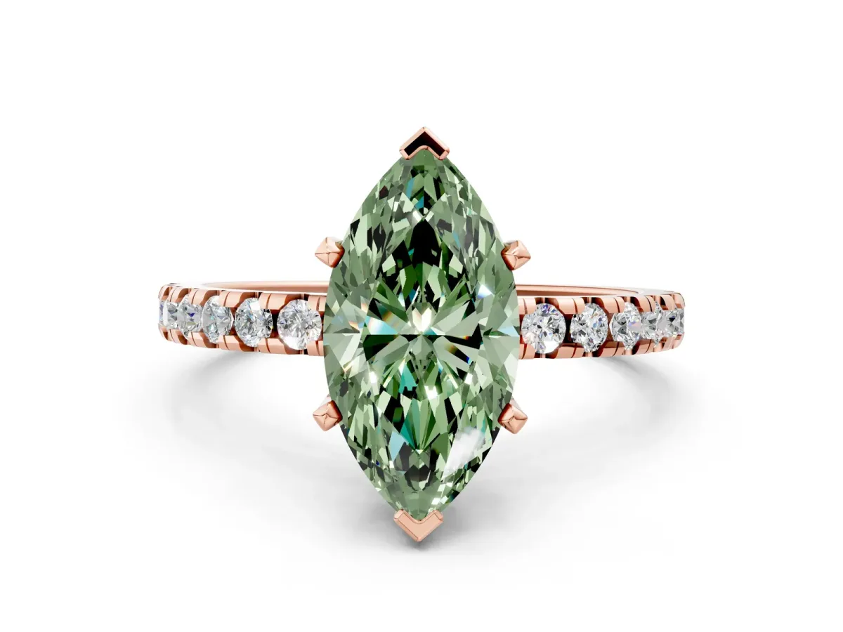 Fancy Green Marquise Cut Diamond Solitaire Ring with Round Pavé Band and Four-Prong Setting Rose gold
