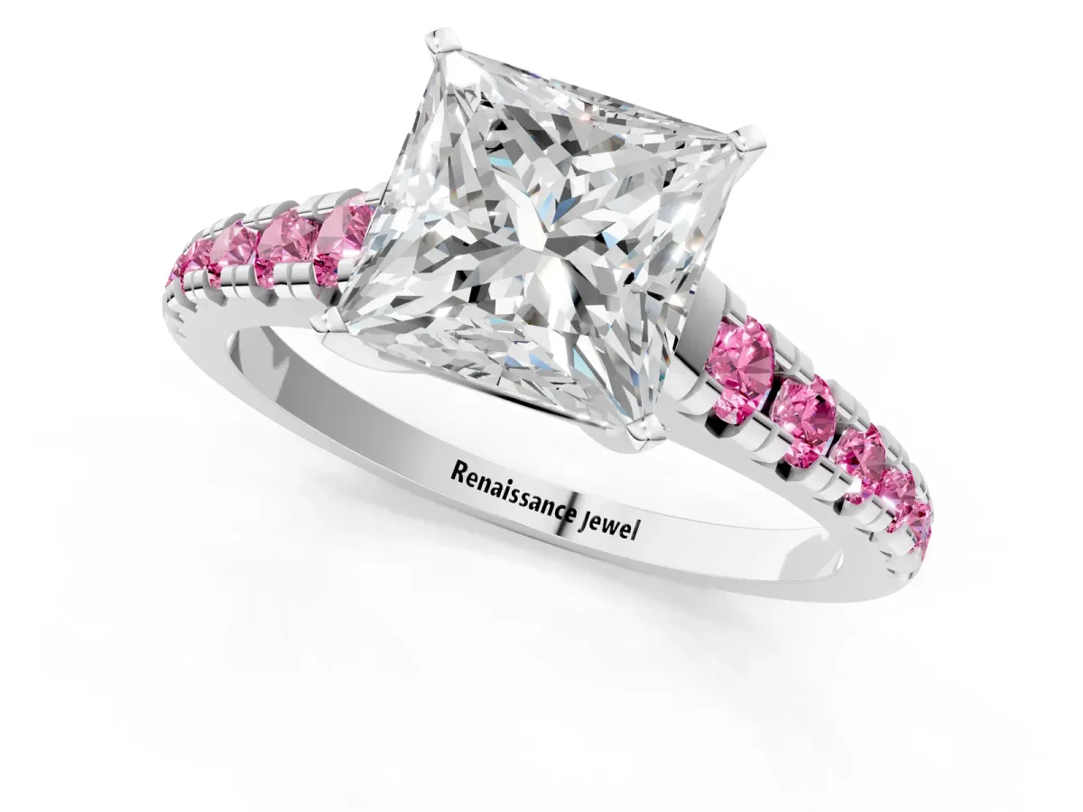 Princess Cut Diamond Cathedral Solitaire Ring with Round Pink Sapphire Pavé Band White gold