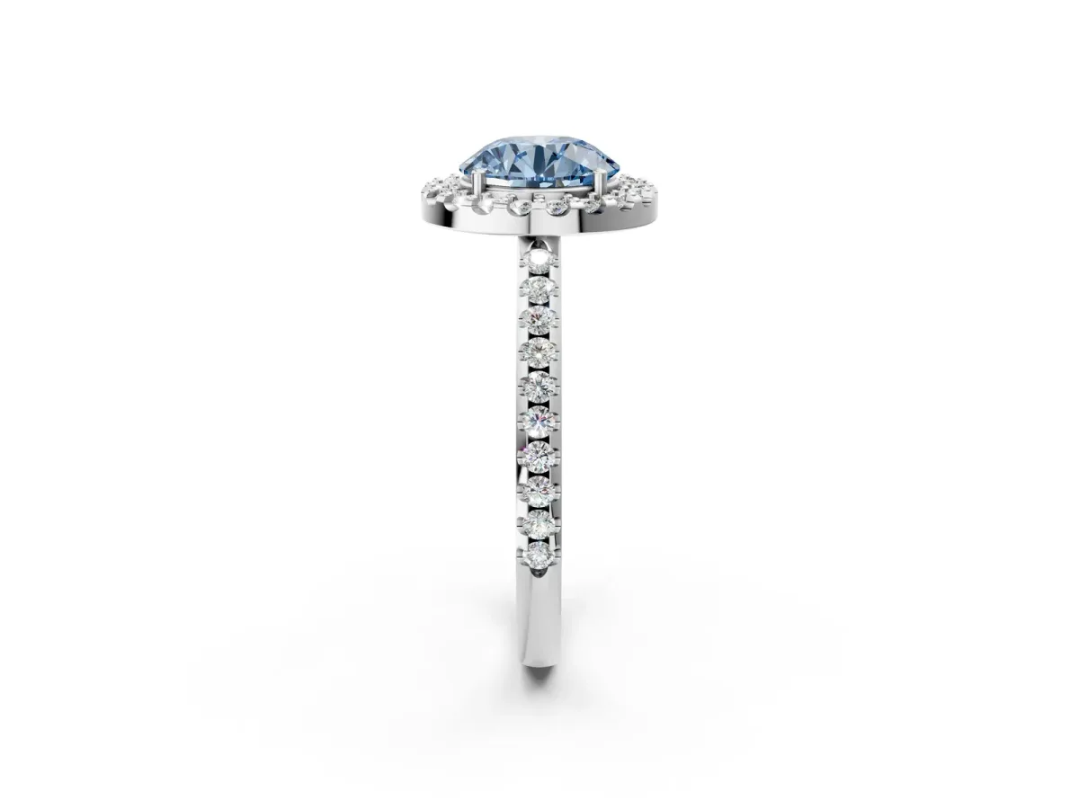 Fancy Blue Round Cut Diamond Pavé Halo Ring with Four-Prong Setting Platinum