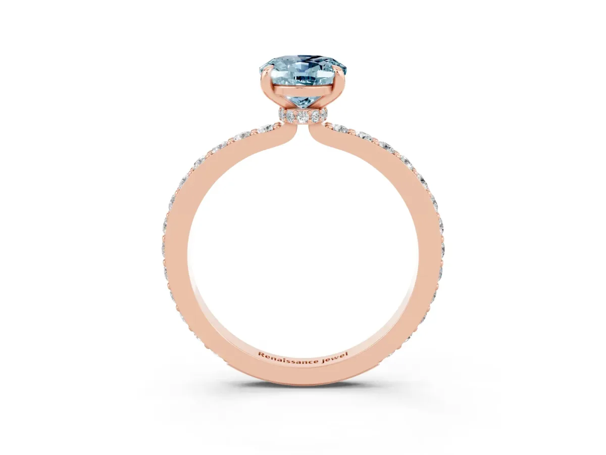 Oval Cut Aquamarine Solitaire Engagement Ring with Pavé Band and Four-Prong Setting Rose gold