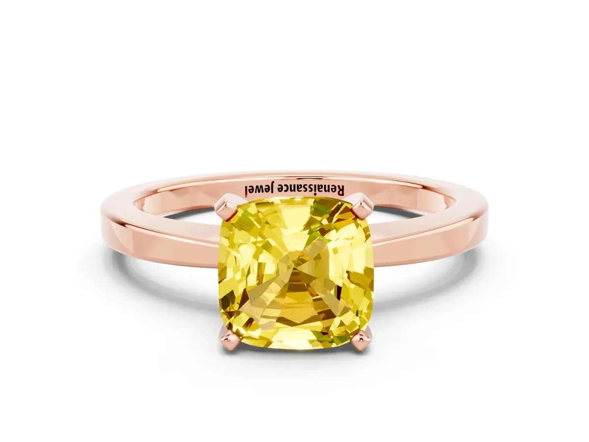 Cushion Cut Yellow Sapphire Solitaire Engagement Ring with Classic Band and Four-Prong Setting Rose gold