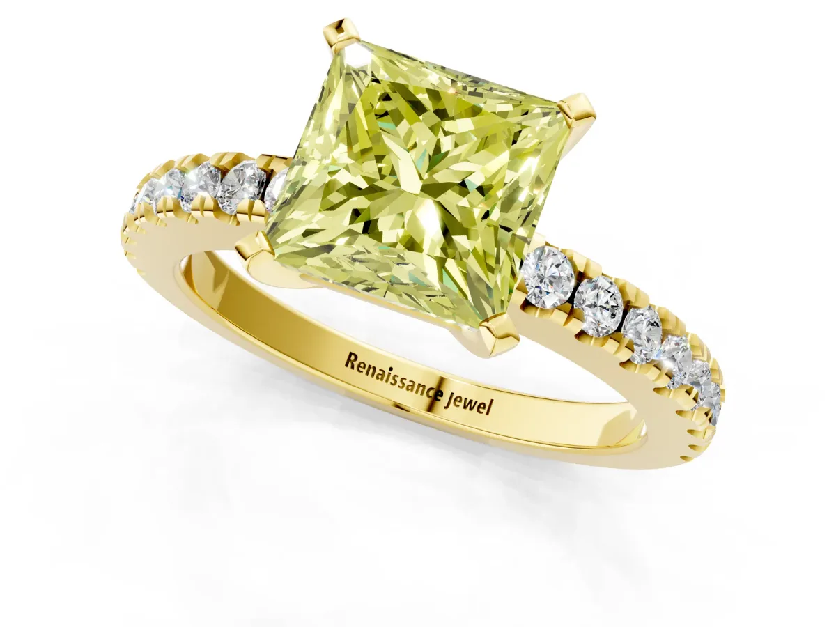 Fancy Yellow Princess Cut Solitaire Diamond with Pavé Band and Four-Prong Setting Yellow gold