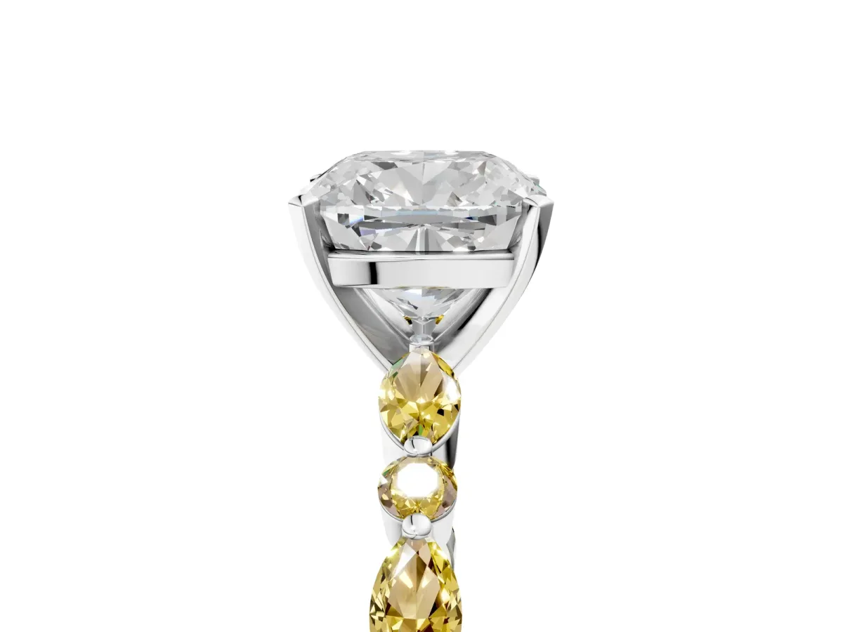 Cushion Cut Diamond Ring with Marquise and Round Yellow Sapphire Side Stones and Four-Prong Setting Platinum