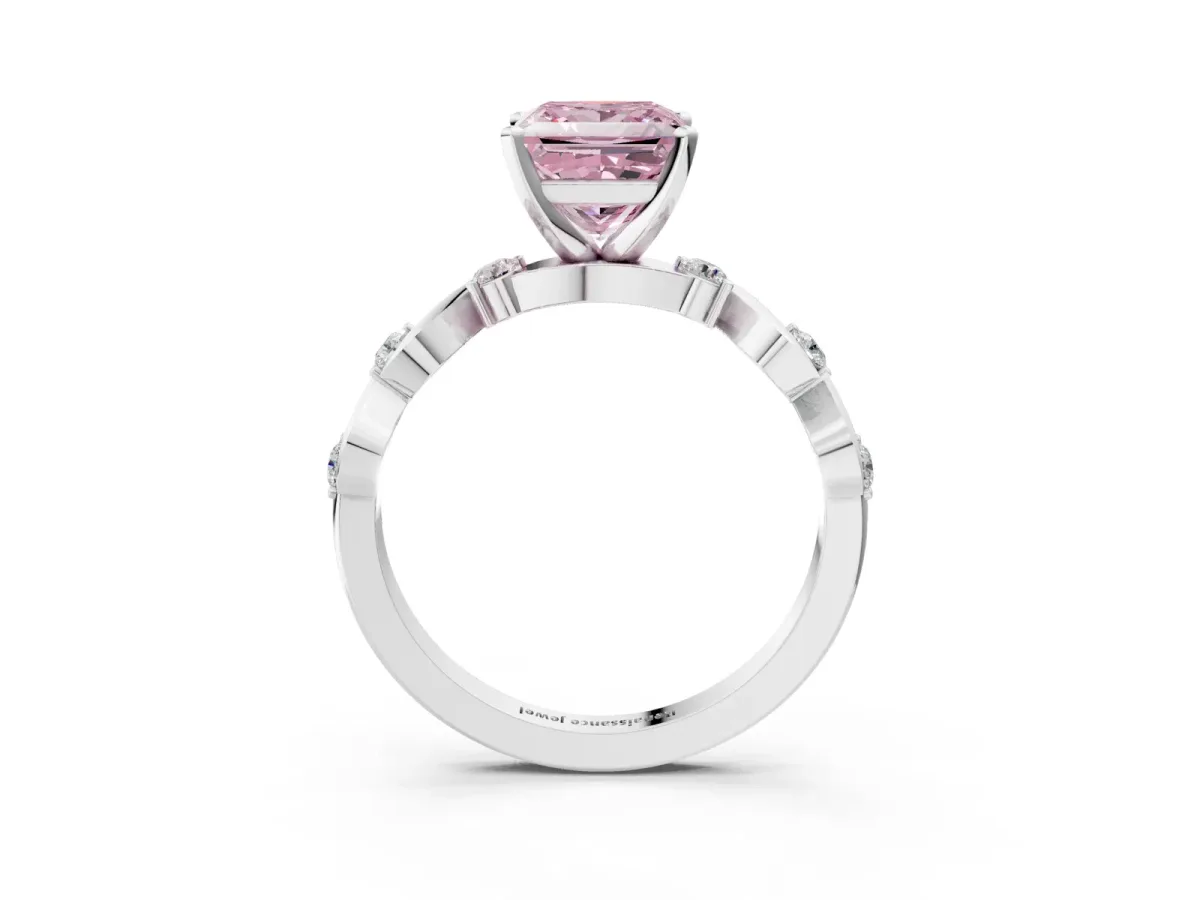 Fancy Pink Princess Cut Diamond Solitaire Twisted Band with Round Accents and Prong Setting White gold