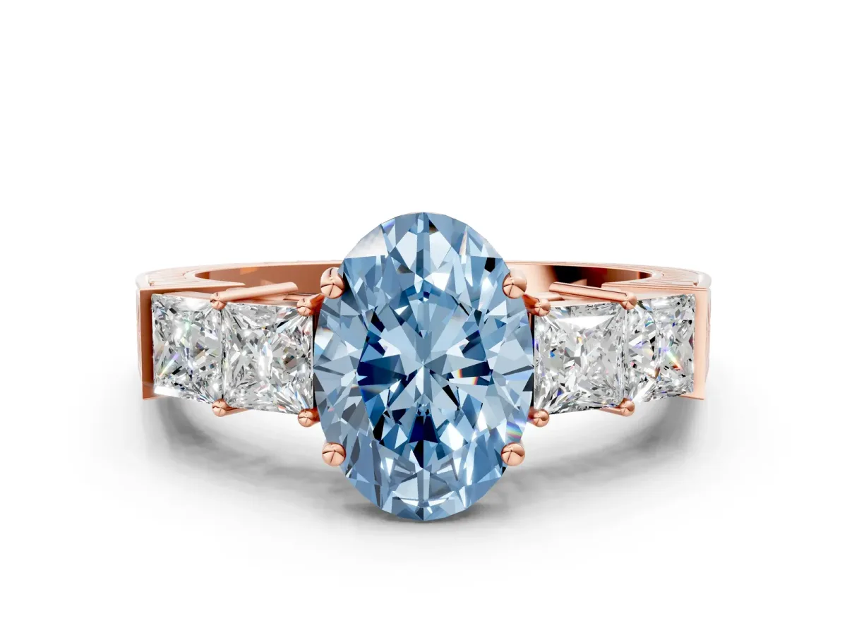 Fancy Blue Oval Cut Solitaire Princess Side Stone Engraved Band Prong Setting Ring Rose gold