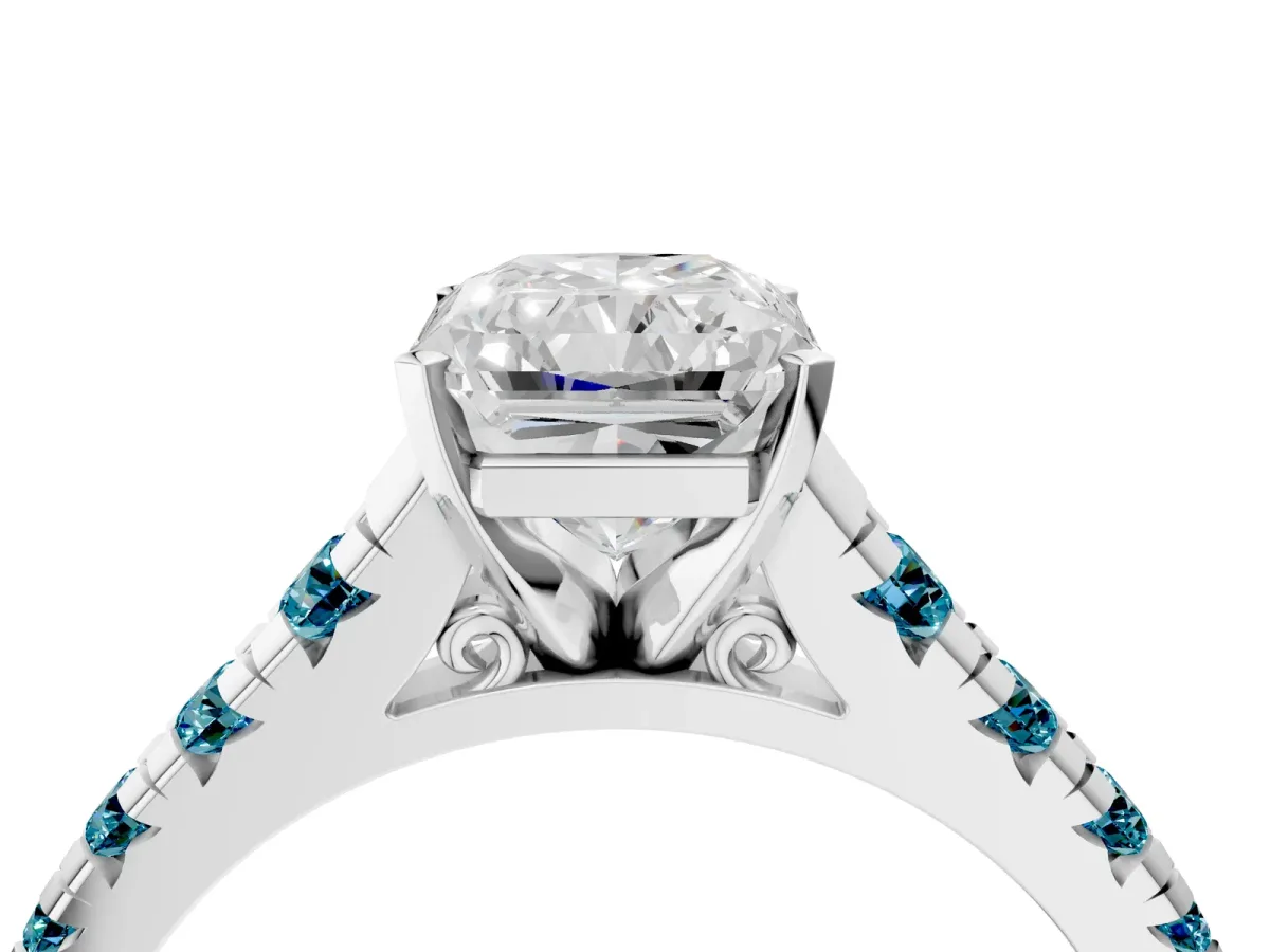 Radiant Cut Diamond Cathedral Solitaire Ring with Round Blue Topaz Pavé Band White gold