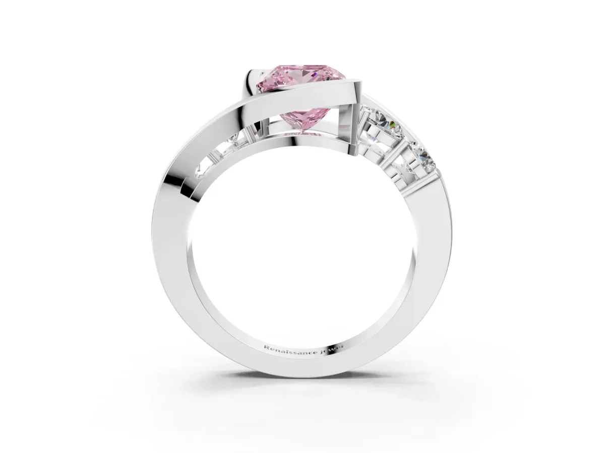 Fancy Pink Bezel Set Princess Cut Diamond Bypass Ring with Round Accents Silver