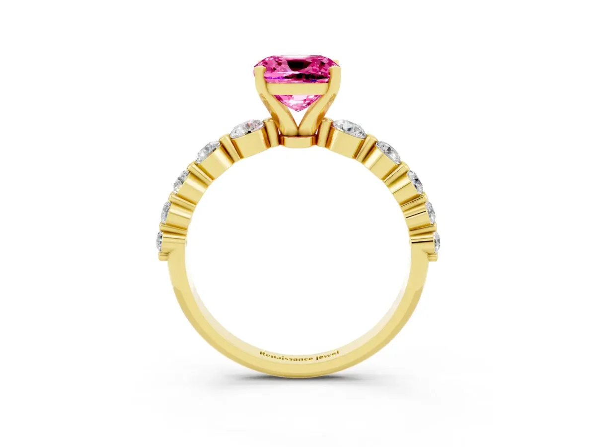 Cushion Cut Solitaire Pink Sapphire Ring with Pave Band and Four-Prong Setting Yellow gold