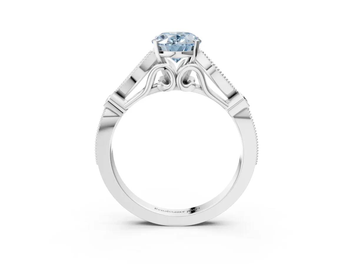 Fancy Blue Oval Cut Cut Diamond with Milgrain Marquise and Bezel Accents on a Solitaire Band with Prong Setting Silver
