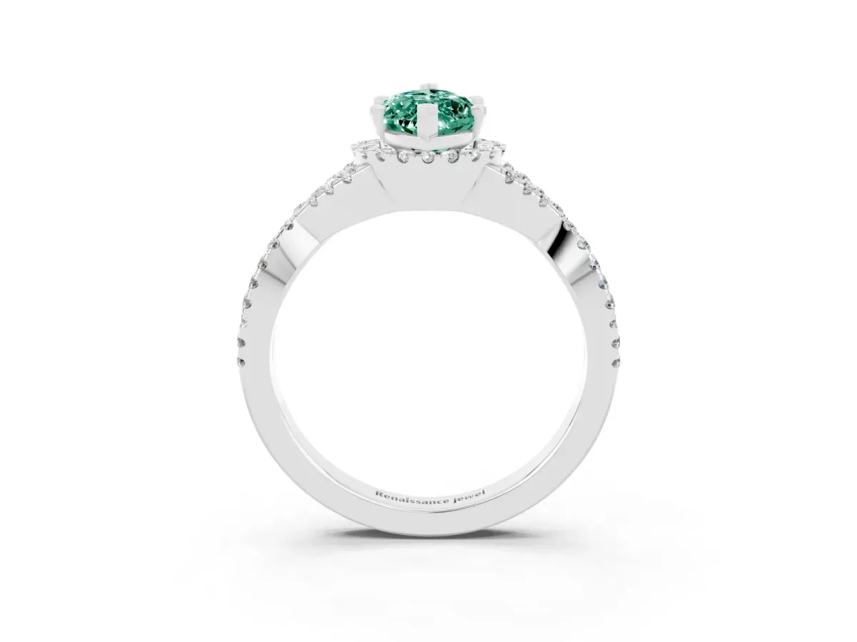 Marquise Cut Green Sapphire Halo Twist Band Solitaire Prong Setting Ring White gold