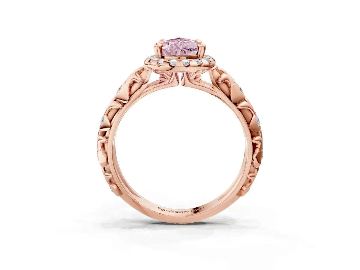 Fancy Pink Pear Cut Diamond Halo Ring with Filigree Band and Prong Setting Rose gold