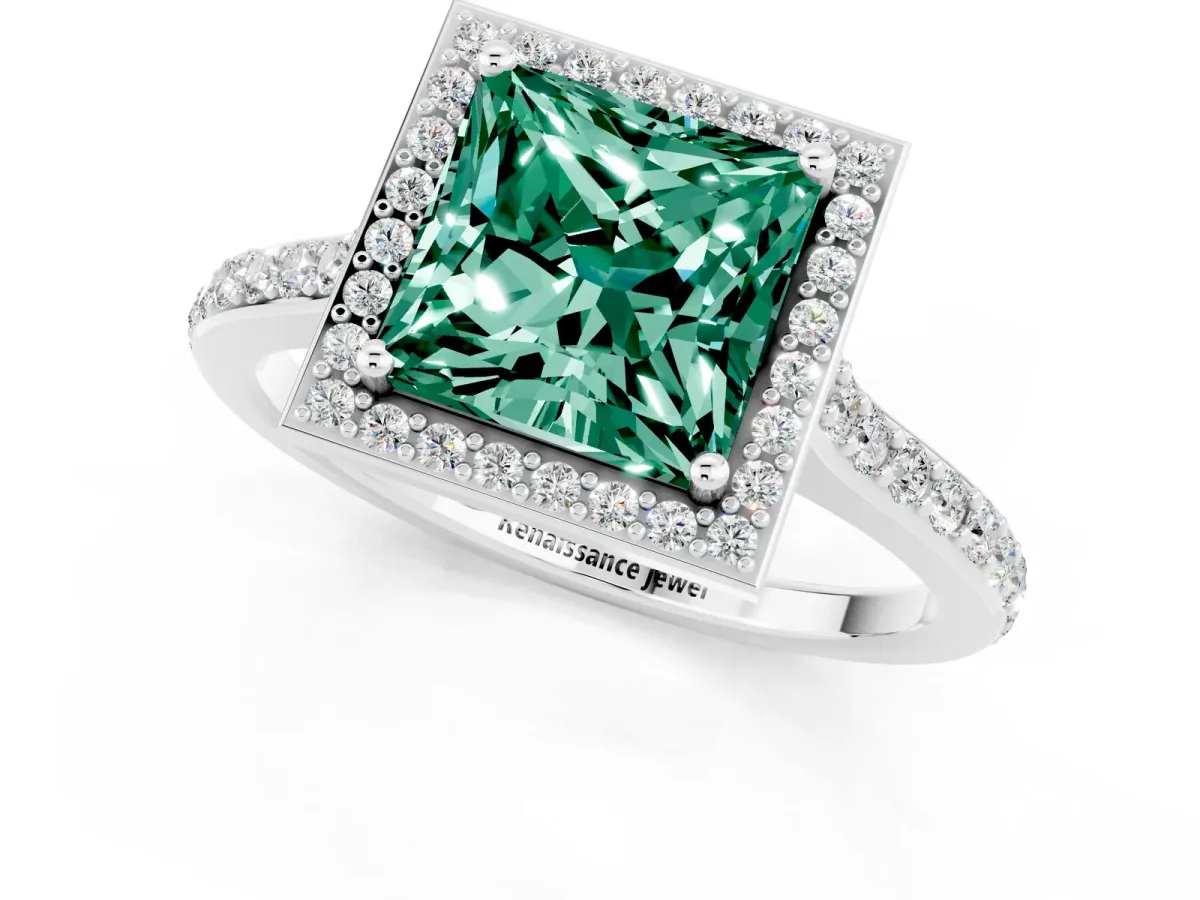 Princess Cut Green Sapphire Halo Engagement Ring with Round Pavé Shoulders and Prong Setting Silver