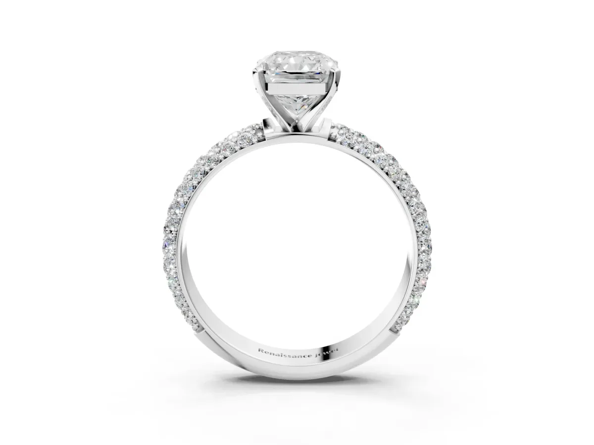 Radiant Cut Diamond Solitaire Ring with Prong Setting and Pavé Band Platinum