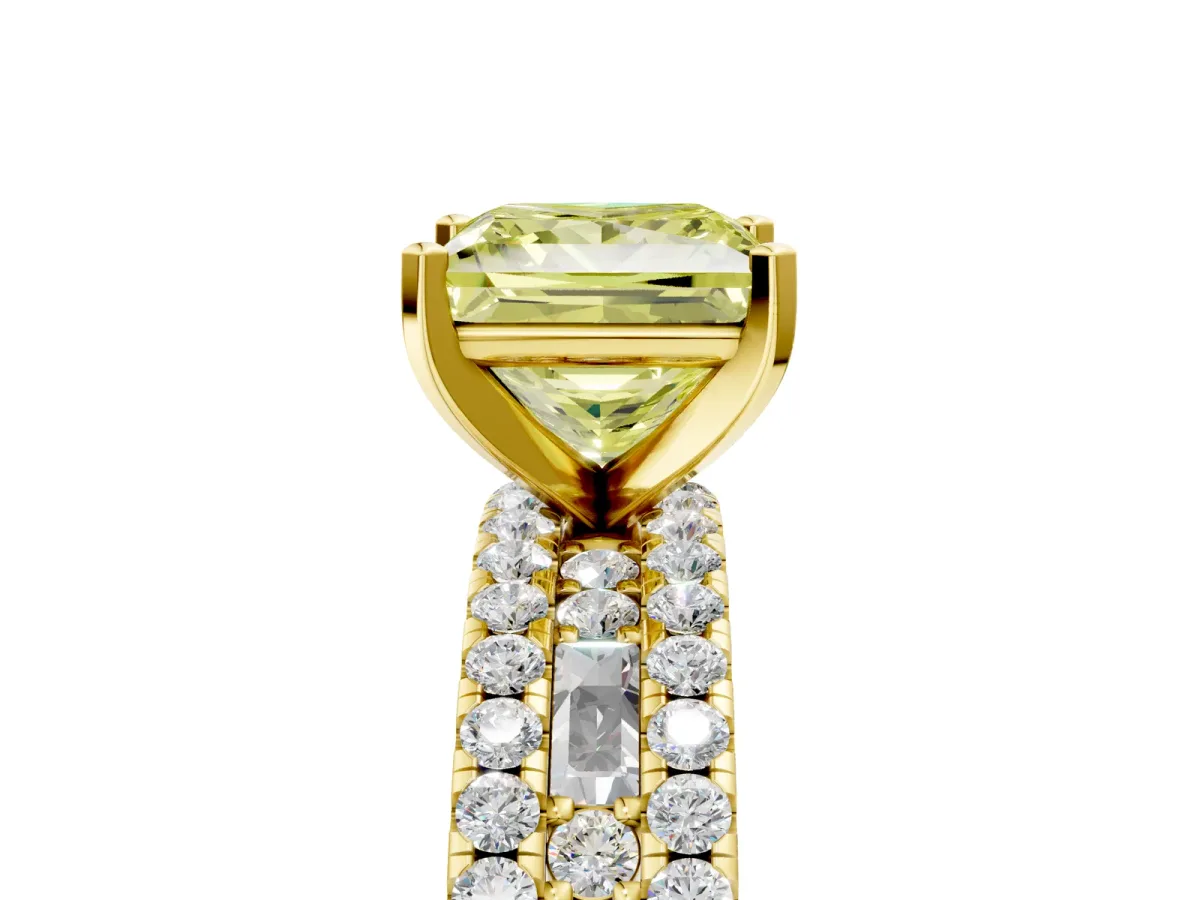 Fancy Yellow Princess Cut Diamond Solitaire Ring with Pavé and Channel Set Band Yellow gold
