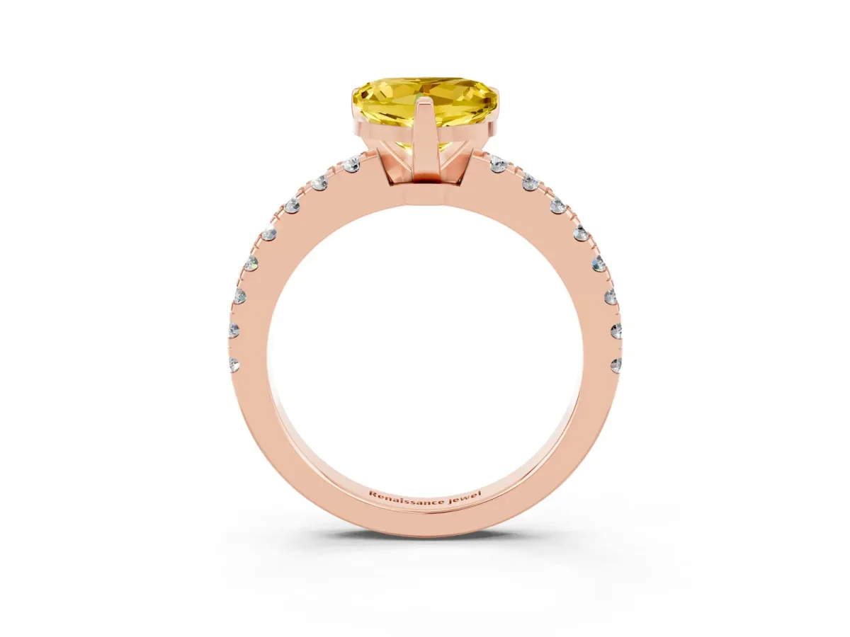 Heart Cut Solitaire Yellow Sapphire with Pavé Band and Four-Prong Setting Rose gold